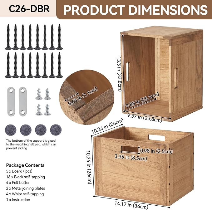 KIRIGEN Stackable Wood Storage Cube with Handles, Open Cubby Bin, Brown | Open-Front Wooden Crate Box for Books, Clothes, Shoes, Closet Storage, and Display for Home Office, Assembly Required - Image 3