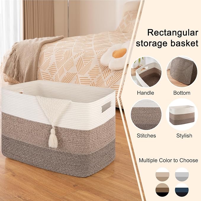 OIAHOMY 108L Extra Large Blanket Basket Dog Toy Basket radient Dark Brown | Rectangle Woven Baskets for Storage Cotton Rope Basket For Living Room Toy Storage Blanket Storage Laundry Basket - Image 3