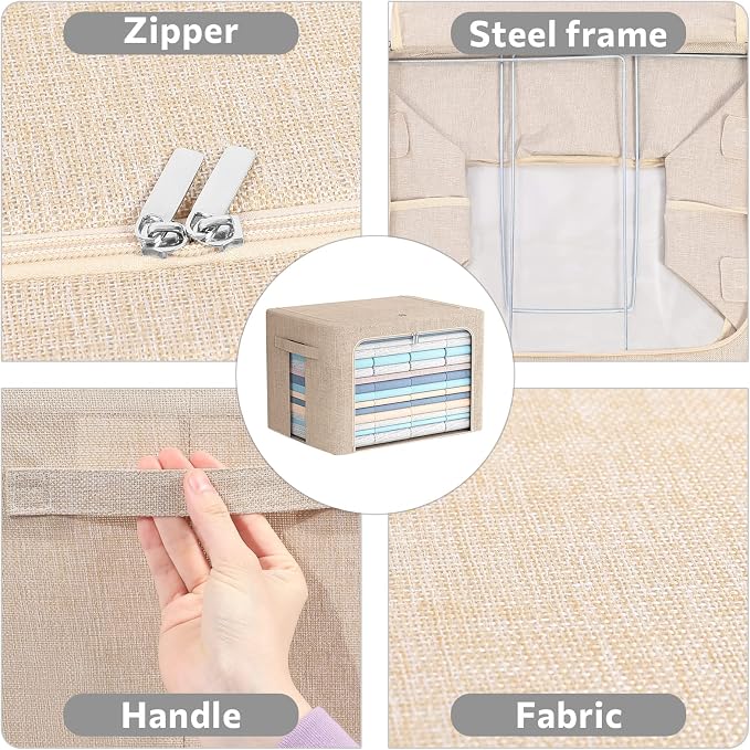 FHSQX 2 Pack Clothes Storage Bins with Metal Frame, Beige, 15.7x11.8x11.7 Inch - Image 4