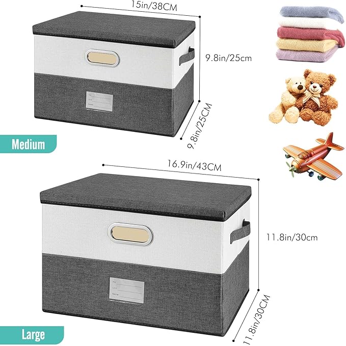 Large Linen Fabric Foldable Storage Bins with Removable Lid and Handles, Washable Storage Box Organizer Containers Baskets Cube with Cover for Bedroom,Office (Turquoise&Cream, Medium(2-Pack)) - Image 6