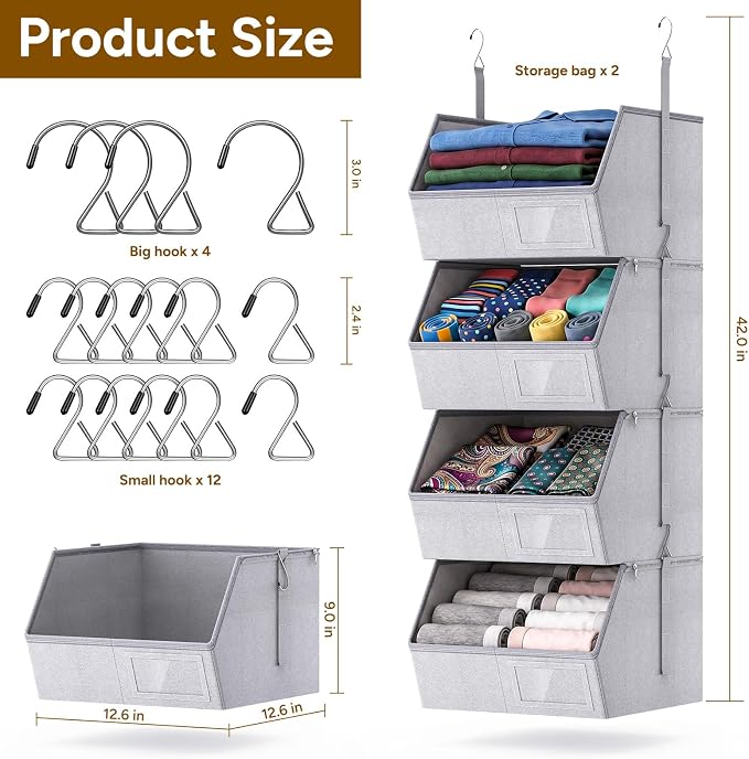 2 Pack 4-Tier Hanging Closet Organizer, Detachable Hanging Storage Shelves with Reinforced Side Panels, Hanging Closet Organizer for Clothes, Sweaters, Towels, Socks & Accessories, Gray - Image 3