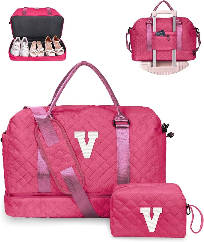 College Graduation Gifts,Birthday Gift-Initial Travel Bags | Personalized Weekender Bags with Shoe Compartment, Monogram Overnight Bag for Women, Travel Bag with Makeup bag (Letter V) by Vogewood