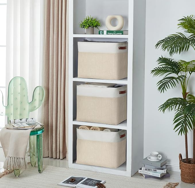 DECOMOMO Extra Large Storage Baskets, 54.5L Fabric Storage Bins 3 Pack | XXXL Storage Baskets for Shelves, Linen Closet Organizers (Beige & White, 17" x 13" x 15") - Image 5