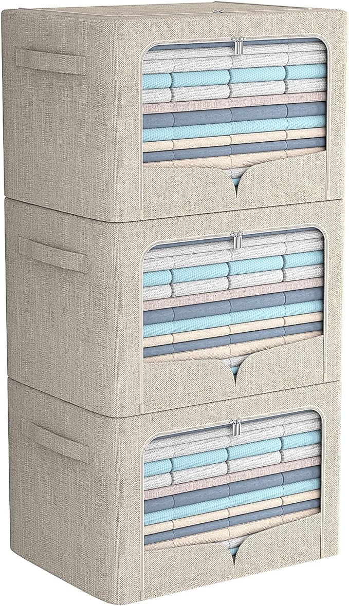 FHSQX 3 Pack Clothes Storage Bins - Foldable Metal Frame Storage Box - Stackable Linen Fabric Container Organizer Set with Carrying Handles and Clear Window (Beige, 15.7x11.8x7.8inch(22L)) by FHSQX