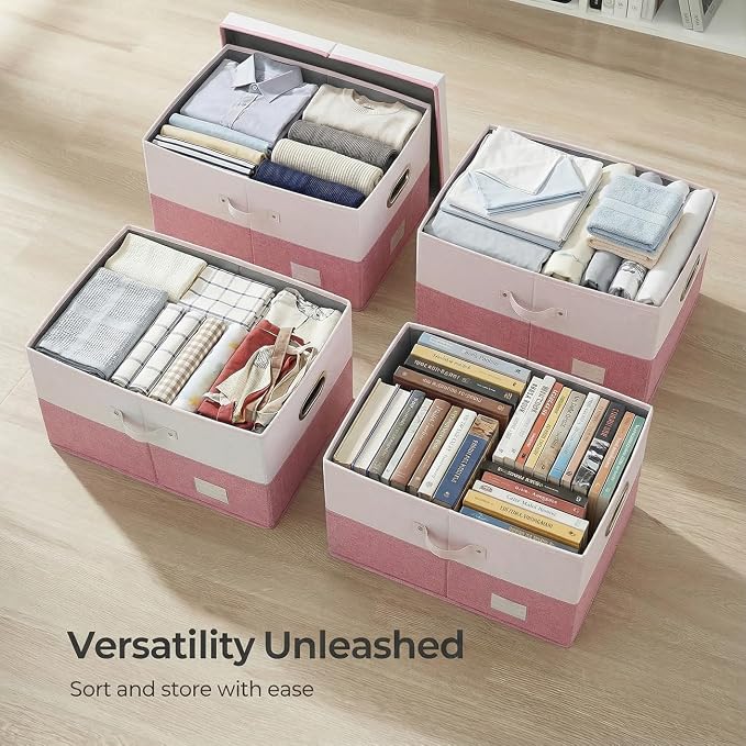 Storage Bins with Lids [3-Pack] Linen Fabric Foldable Storage Boxes Organizer Containers Baskets Cube with Cover for Bedroom Closet Office White&Pink (23.4X15.9X11.4) - Image 6
