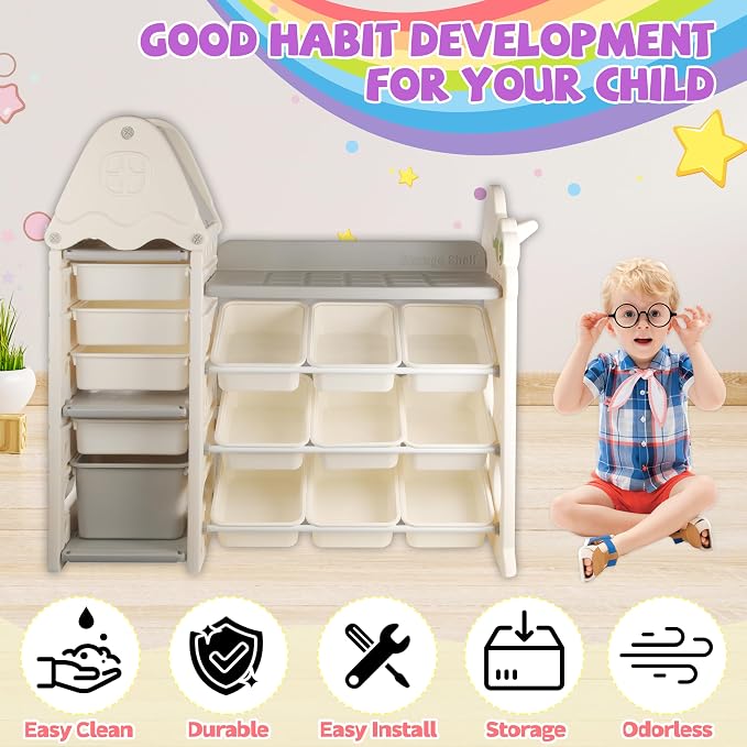 4-Tier Kids Toy Storage Organizer with 14 Removable Toy Bins | Toy Bins for Kids Organizer Made of High-Density Polyethylene with Smooth Rounded Edges for Safe and Stable Toy, Book Storage - Image 3