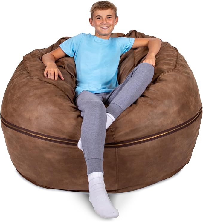Big Joe Fuf 5Ft Oversized Foam Bean Bag Chair with Removable Cover for Kids, Teens, Adults, Coffee Soft Vegan Leather, 5 Foot Large Reading and Gaming Seat by BigJoe