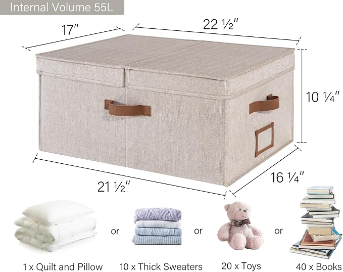 StorageWorks Extra Large Storage Bins with Lids, 55L Decorative Organizer with Divider Board, Fabric Boxes with Handles, Mixing of Brown & Beige, 2-Pack - Image 2