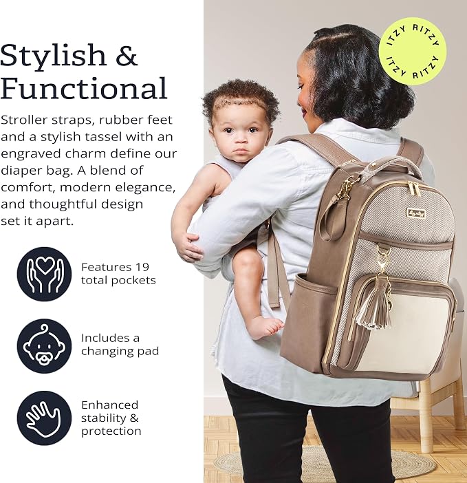Itzy Ritzy Boss Plus Diaper Bag Backpack with 19 Pockets (Vanilla Latte) | Large Diaper Bag Backpack Includes 2 Insulated Bottle Pockets, Changing Pad, Stroller Clips, Padded Straps, Travel-Ready - Image 2