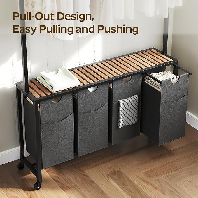 Laundry Sorter 4 Section, Rolling Laundry Hamper with Hanging Rack, Laundry Sorter with Wheels, Hampers for Laundry, Laundry Basket Organizer for Laundry Room, Rustic Brown LS47BR - Image 5