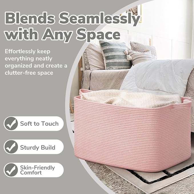 Goodpick Large Woven Rope Blanket Basket, Rectangle, Pink, 75L | 21.6'' x 14.9'' x 11.8'' Storage Basket for Toys & Blankets, Living Room, Bedroom & Nursery Organization, Reinforced Handles - Image 5