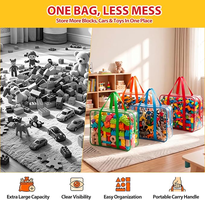 4 Pack Extra Large Clear Toy Storage Bags, 14x18x7 in, Multicolor | Thick PVC Organizer Bags, with Zipper Handles, Ideal for Blocks, Puzzles, Stuffed Animals and Playroom Organization - Image 4