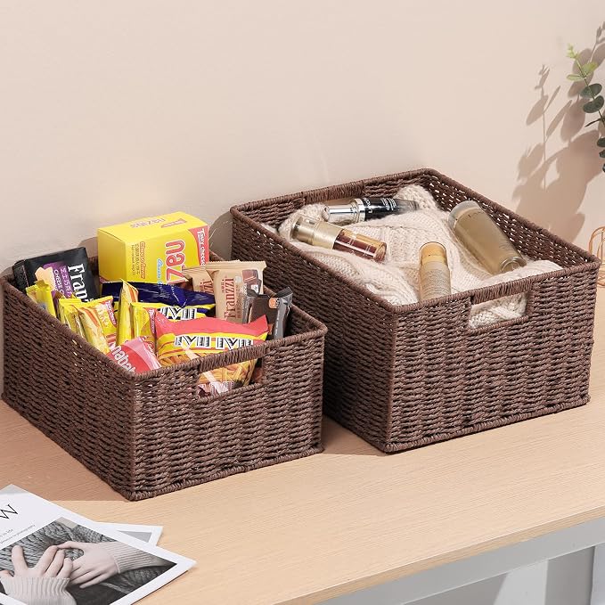 HOONEX Large Woven Storage Baskets, Paper Rope With Sturdy Metal Wire Frame, for Shelves, Set of 2, Dark Brown - Image 2