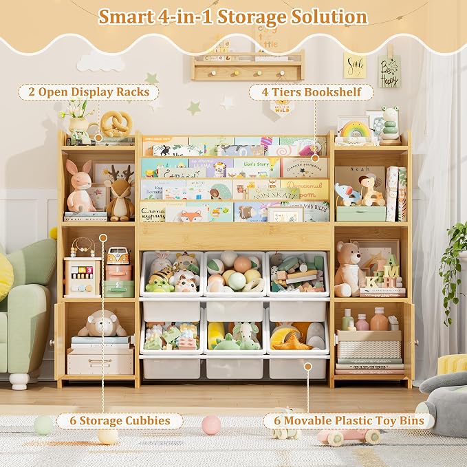 Toy Storage Organizer with 6 Toy Bins & 4 Tier Kids Bookshelf | Toy Organizer with 6 Cubbies, Kids Toy Organizers and Toy Storage with Bins, Playroom Storage and Toy Chest - Image 6