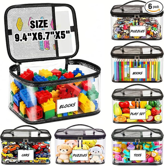 6-Pack Large Clear Toy Storage Bags Transparent Waterproof With Zippers & Labels Durable Reusable Organizer for Blocks,Puzzles & Games by Elover