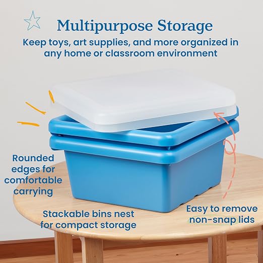ECR4Kids Stackable Square Bins with Non-Snap Lids, Multipurpose Organization, French Blue, 2-Pack - Image 4