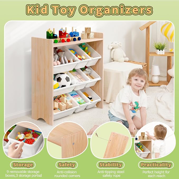 MallBest Kids Toy Organizer with 9 Bins – 4-Tier 100% Solid Wood Storage Shelf for Playroom or Nursery, Natural Wood Kids Storage Cabinet - Image 6
