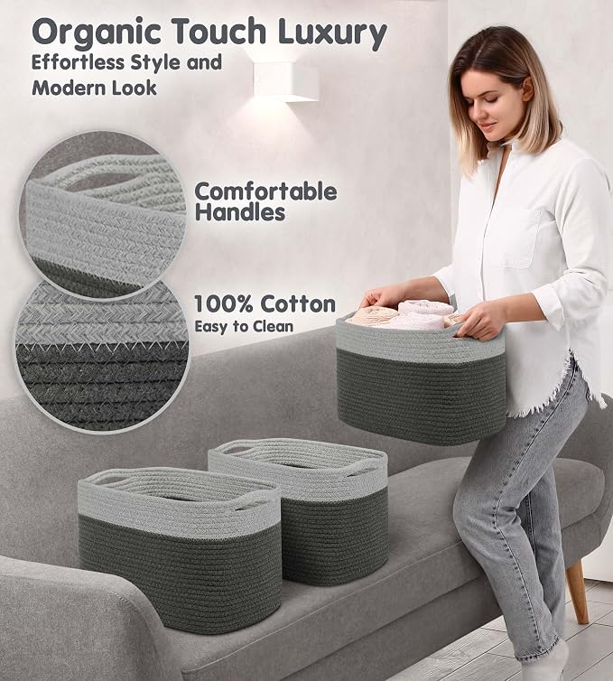 CHAT BLANC Cotton Rope Baskets for Organizing I Storage Baskets for Shelves | Rope Basket for Storage, Small Laundry Baskets, Woven Baskets for Storage, Dog Toy Bin, Baby Basket, Gray & Graphite 3Pack - Image 3
