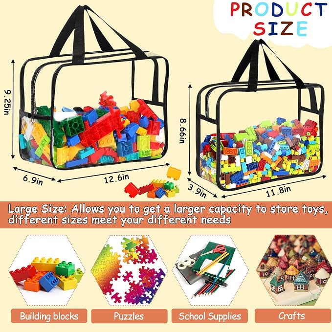 6Pcs 3Large & 3XL Toy Storage Bags with Labels Reusable Clear Toy Organizer | PVC Waterproof Transparent Organizer Bags with Zipper for Building Blocks, Puzzle, Board Games Travel Storage, Save space - Image 2