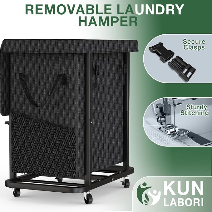 Laundry Basket with Lid,190L Rolling Laundry Hamper with Wheels,Black | Dirty Clothes Hamper with Metal Frame and Removable Bag Design,Suitable for Laundry Room, Bedroom(2 Section) - Image 5