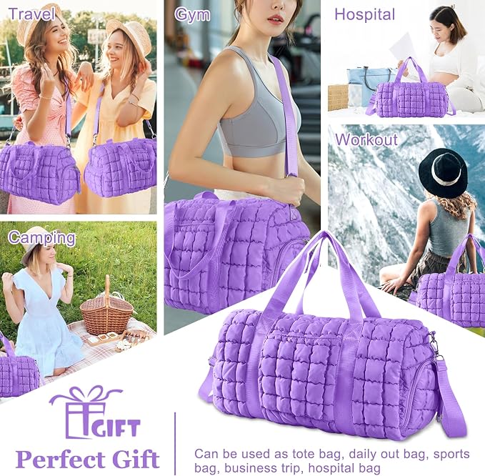 Quilted Travel Duffle Bag Gym Bag for Women,Large Puffer Duffle Weekender Bag with Compartment,Workout Overnight Carry on Organizer Bag Duffle Bag for Airplane Travel(Purple) - Image 6