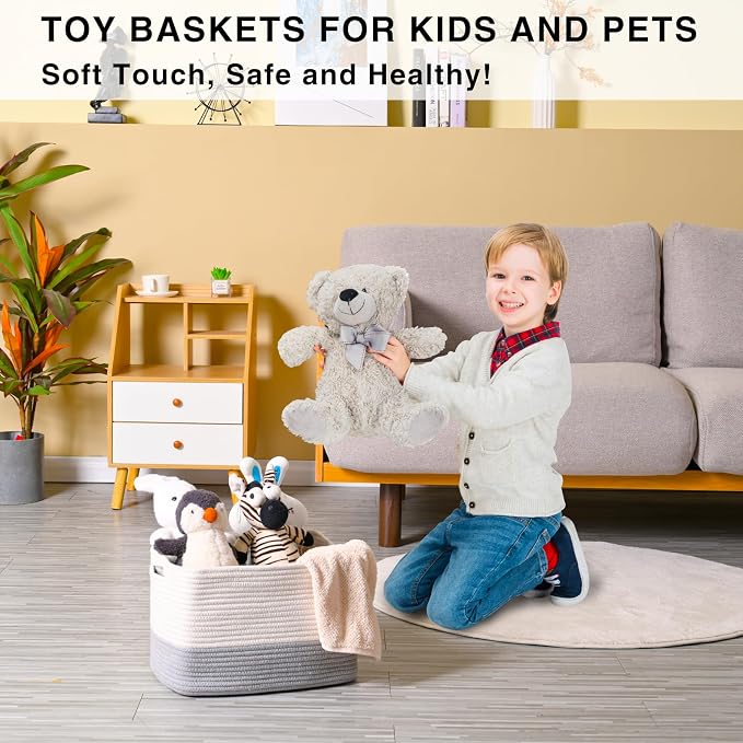 Grey Storage Baskets for Organizing Shelves, Woven Cotton Rope Baskets for Storage, Dog Toy Basket Storage Kids, Gray Shelf Basket, 14.8"×11"×9.5", Pack of 3, Off White & Grey - Image 5