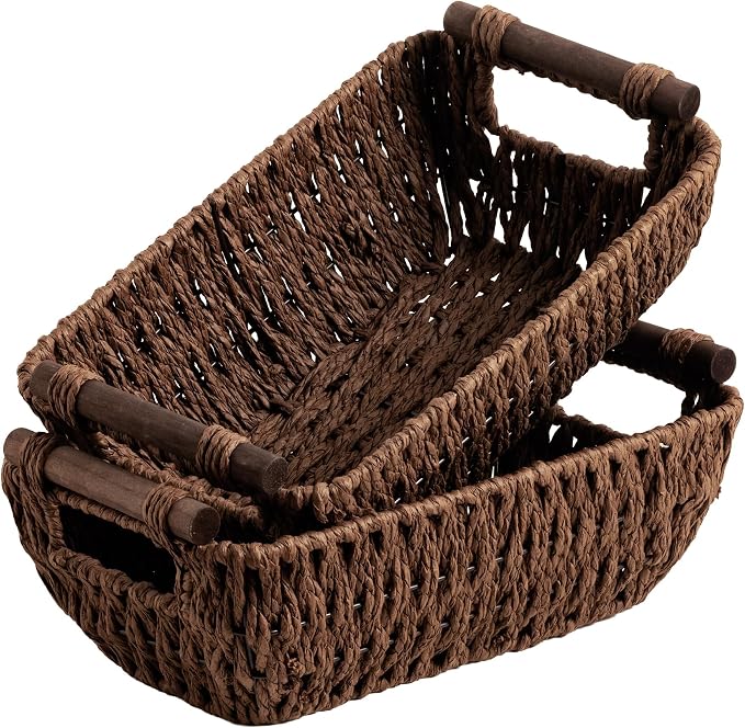 StorageWorks Small Baskets for Organizing, Woven Basket for Shelves | Wicker Storage Baskets for Shelves, Baskets with Wooden Handles, 2-Pack Gifts Basket for Home Decor, Hand-Woven Basket by StorageWorks