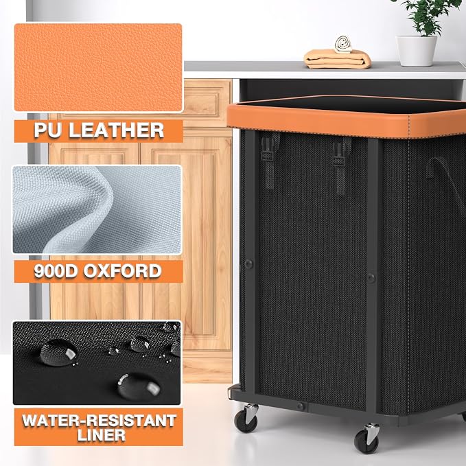 Laundry Hamper with Wheels,150L Leather Patchwork Clothes Hamper Black | Rolling Laundry Basket with Sturdy Metal Frame, Removable Washable Bag,Tall Clothes Sorter for Bedroom, Laundry Room, Dorm - Image 2