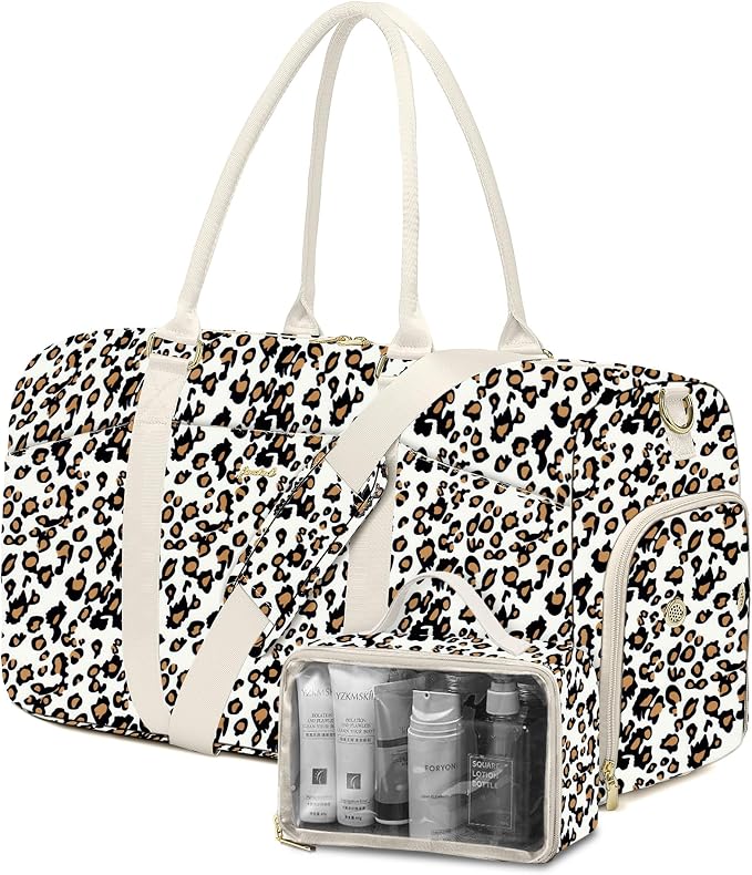 Women Weekender Travel Duffle Bag: Travel Duffel Overnight Bags with Shoe Compartment Large Carry on Tote with Toiletry Bag Weekend Traveling Yoga Gym Hospital Bag for Women with Wet Pocket Leopard by FOCDOD