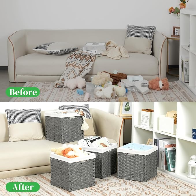 Bidtakay Wicker Storage Baskets for Organizing 4-Pack Hand-Woven Imitation Dark Grey Wicker Cube Storage Bins with Liners for Shelves Closet Cabinet 11x11 Waterproof Cube Organizer for Pantry - Image 8