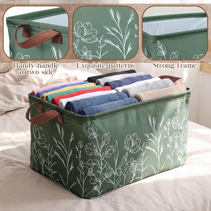 Fourluoo 6 Pack Floral Storage Basket with Handles Clothes Storage Basket Bin Foldable Box Bins Organizer for Closet Shelf Nursery Kid Room Book Toy Chest(6,Flower Line Drawing) - Image 5
