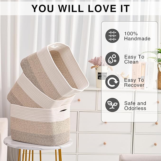 ICERZCZ Storage Baskets for Organizing Shelves, Woven Cotton Rope Bins for Baby Nursery Organization, Book Toy Towel Organizer, 15"x11"x9.5", 3 Packs, Gradient Brown - Image 5