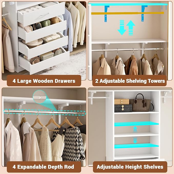 Aheaplus Closet System with Drawers, Wood Closet Organizer System with 4 Hanging Rods & Top Shelves, Walk-in Closets Organizer Wardrobe Clothes Rack System, Cut Fits Spaces 4-9FT. Wide, White - Image 2