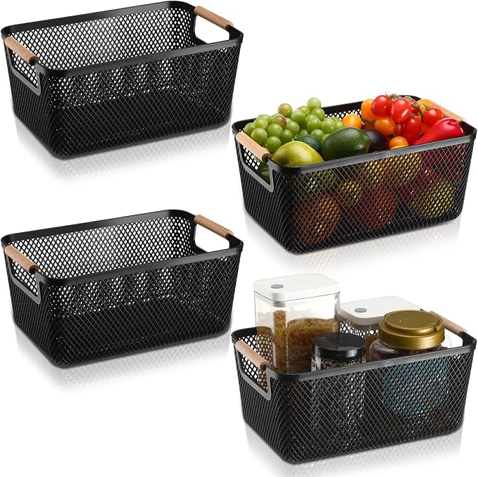 Tioncy 4 Pcs Plastic Mesh Baskets with Wood Handle Woven Mesh Storage Organizer Bins Multi-function Rectangle Baskets for Home Pantries Shelves Closet Kitchens Bedrooms(10.4 x 7.2 x 4.7 Inches) - Image 8