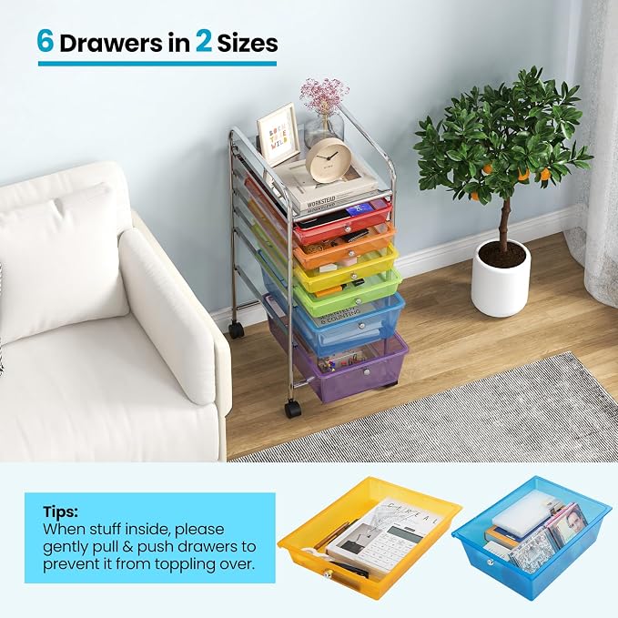 Giantex 6 Storage Drawer Cart Rolling Organizer Cart for Tools Scrapbook Paper Home Office School Multipurpose Mobile Utility Cart (Multicolor) - Image 7