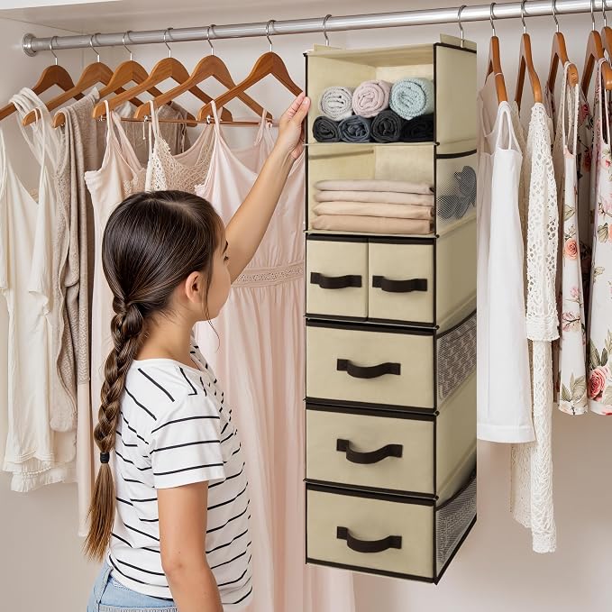 GRANNY SAYS Hanging Closet Organizer, 5 Drawers, 6 Shelves, 6 Pockets | Hanging Closet Organizer with 5 Different Drawer Designs, 6 Shelves & Reinforced Structure for Organized Small Space, Beiges - Image 7