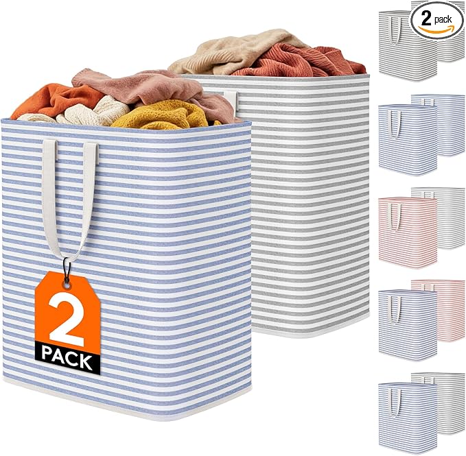 Lifewit 2 Pack Laundry Basket 100L Each, Collapsible Clothes Hamper with Reinforced Handles, Freestanding Waterproof Design for Bedroom and Laundry Room, Grey&Blue 200L Total by Lifewit