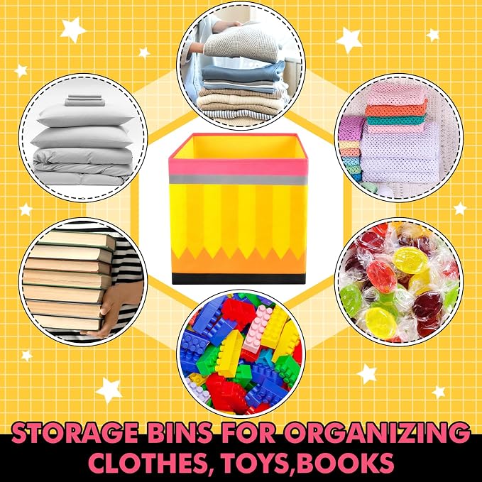 Demonwer 6 Pcs 11 Inch Fabric Storage Bins Pencil Themed Cubby Basket Bins with Handles Yellow Pencil Storage Containers for Back to School Decorations Office Home Organizer Supplies - Image 3