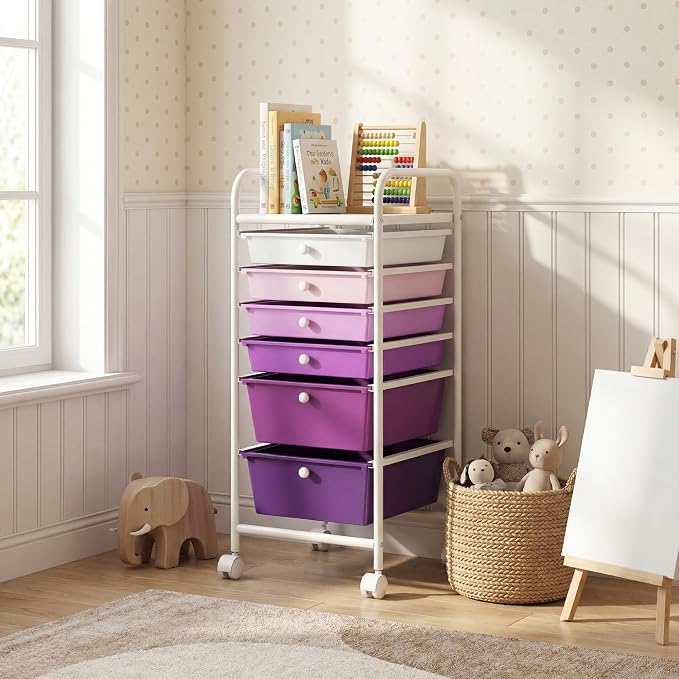GOFLAME 6-Drawer Rolling Storage Cart, Multifunctional Art Craft Organizer Cart, Mobile Utility Storage Cart with Removable Drawers & Lockable Wheels, Craft Cart for Home Office, Purple Gradient - Image 2