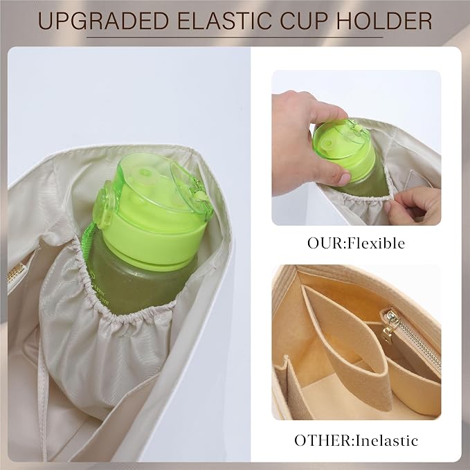 Purse Organizer Insert for Longchamp Le Pliage Large, White Beige | 6-Compartment Bag Organizer with YKK Zipper Pocket, Cup Holder, Key Chain, Waterproof DupontPaper Lightweight Handbag Shaper - Image 7
