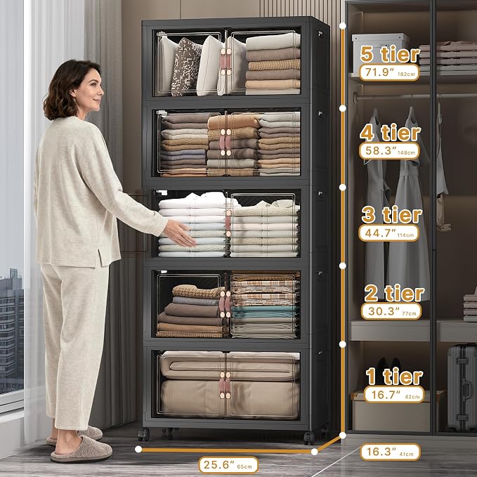 Stackable Storage Bins, 560QT Collapsible Drawers with 1 Lid | Large Capacity, Magnetic Door, Stack Lock, Rolling Wheels, Foldable Design, Organizers and Storage for Bedroom Dorm Garage - Image 2