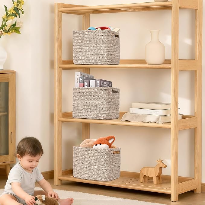 3 Pack Cube Storage Bin, 9”x9”x7” Cotton Rope Woven Baskets for Organizing Toys Clothes Towels, Square Gift Storage Baskets for Shelves, Nursery, Closet, Bathroom, Pantry (Jute) - Image 7