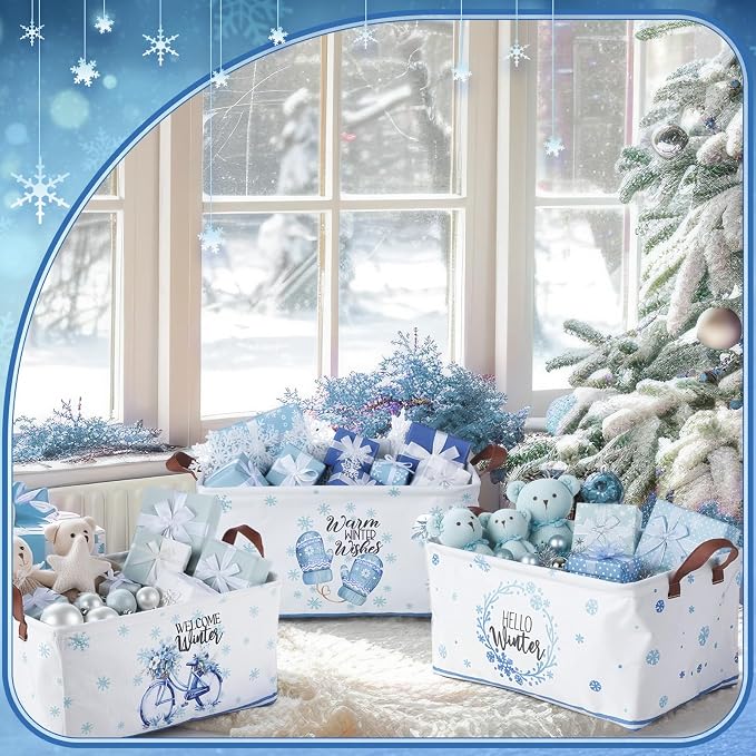 CHENGU 6 Pack Winter Storage Basket Collapsible Snowflakes Basket for Gifts Gnomes Holiday Decor Large Snowman Bin Foldable Blue Hello Winter Box with Handle for Bedroom Office Home - Image 2