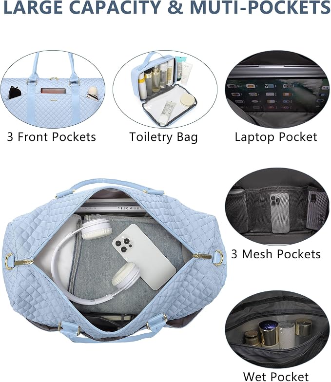 Women Weekender Travel Duffle Bag: Travel Duffel Overnight Bags with Shoe Compartment Large Carry on Tote with Toiletry Bag Weekend Traveling Yoga Gym Hospital Bag for Women with Wet Pocket Light Blue - Image 2