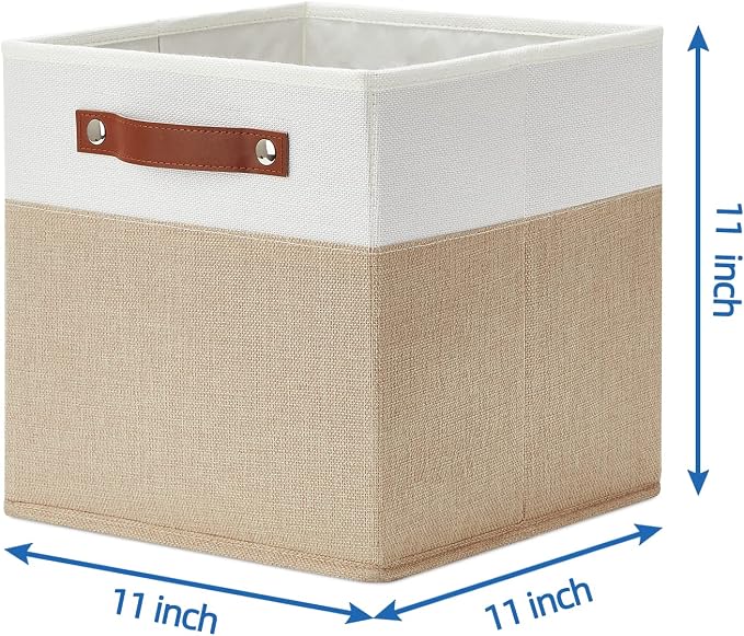 Temary Fabric Storage Cubes Bins, 11 inch Cube Storage Baskets, Foldable Cube Bins Set with Handles, Decorative Storage Boxes for Home Organizing (White & Khaki, 11 x 11 x 11) - Image 2