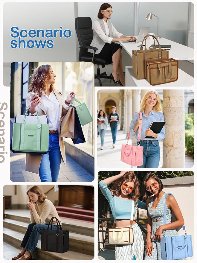 BESBESME Women’s Canvas Tote Bag with Zipper and Compartments – Multi-Pocket Laptop Work Crossbody Shoulder Tote Purse - Image 8
