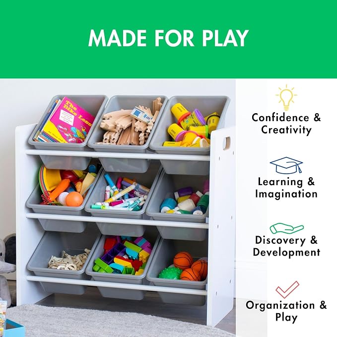 Humble Crew 9-Bin Toy Organizer – Explorer Natural White/Grey Plastic Bins, 3-Tier Storage Solution for Kids' Playrooms and Nurseries - Image 5