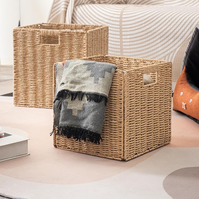 Foldable Storage Cube Bins Set of 4, Paper Woven Square Baskets, Natural, 11" x 11" x 11" - Image 7