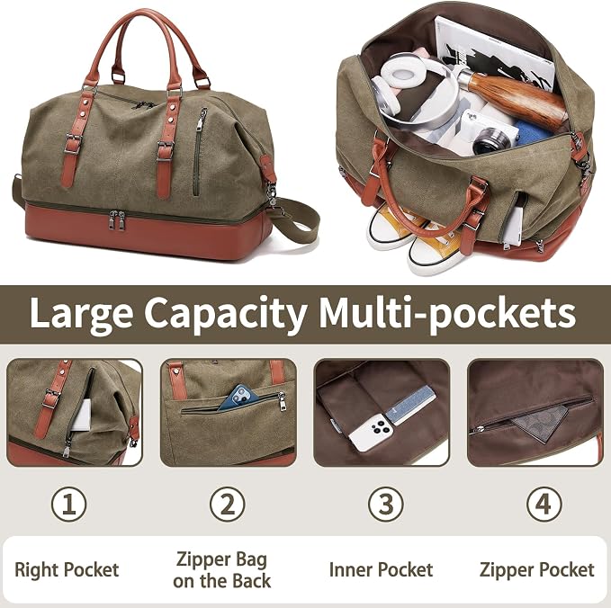 Canvas Duffle Bag for Travel, Weekender Overnight Bag for Women Men with Shoe Compartment Carry on Duffle Bags for Airplanes Gym Sport Business Bag - Image 3