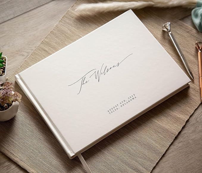 Personalized Guestbook in Eggshell - 11.5 x 8.5" Custom Hardcover Book for Wedding Reception Guests to Sign, Photobooth Album w/ Blank 140gsm Pages, Includes Ribbon Bookmark, Customized Names & Date - Image 7